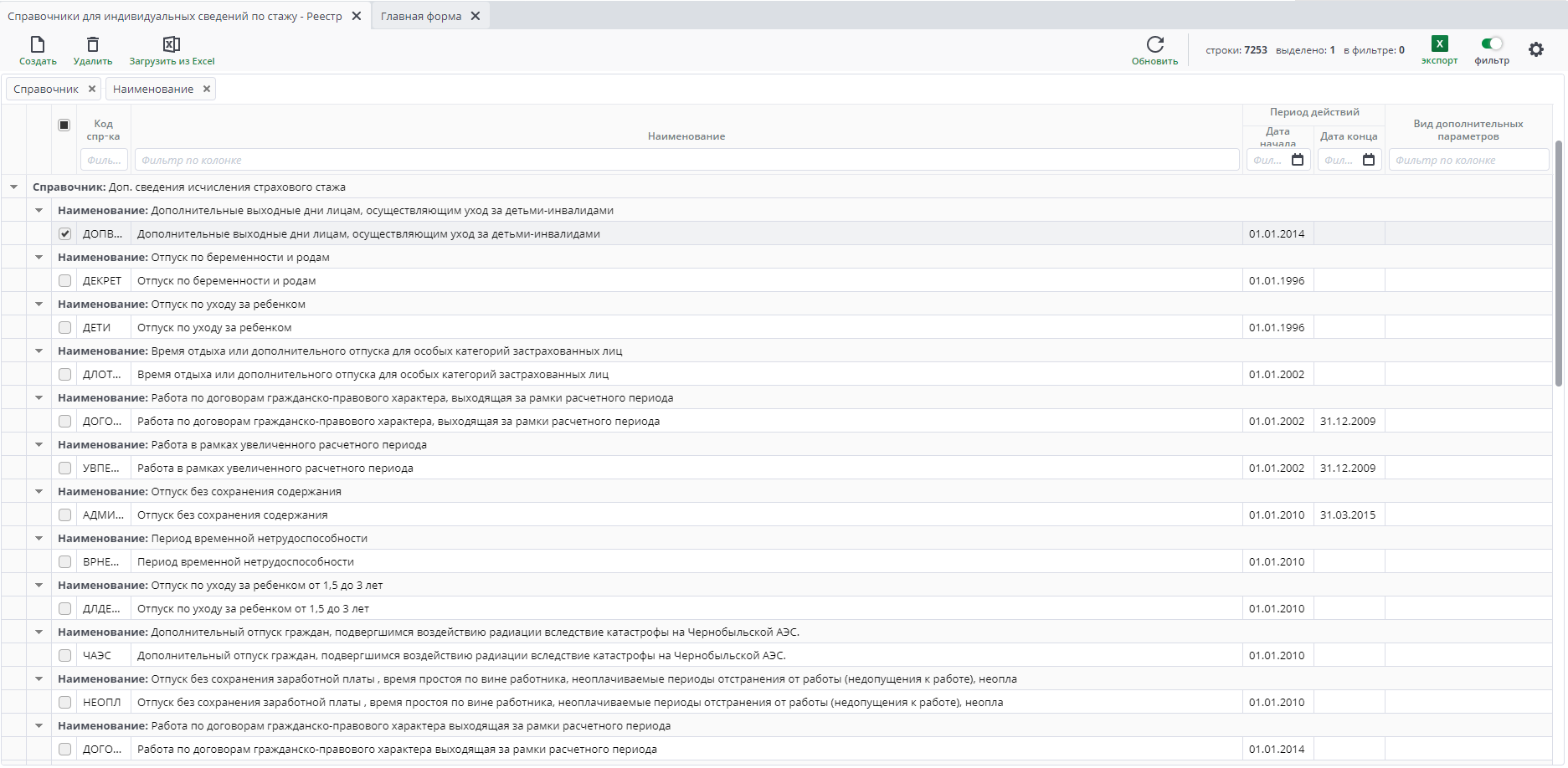Рисунок 12 Пример документа "Справочник: Доп.сведения исчисления страхового стажа"