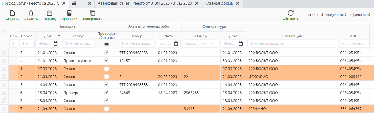 Рисунок 9 Реестр документов "Приход услуг"