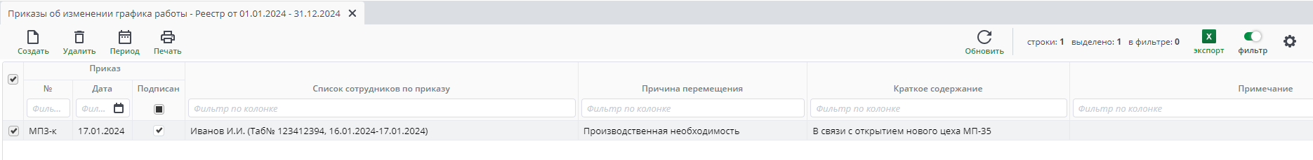 Рисунок 31 Реестр приказов об изменении графика работы