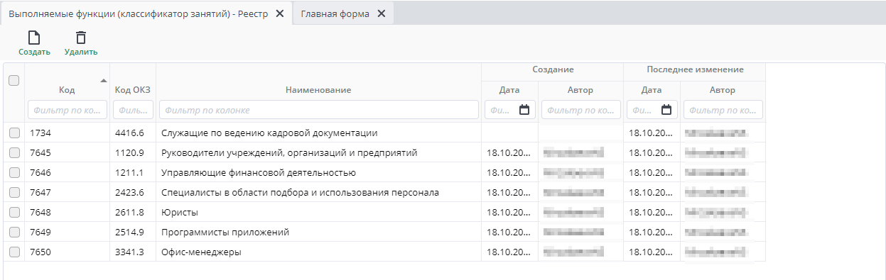 Рисунок 2 Пример реестра "Выполняемые функции (классификатор занятий)"