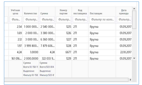 Рисунок 29 Вид таблицы с информацией о партиях