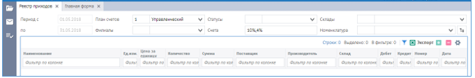 Рисунок 38 Форма "Реестр приходов"