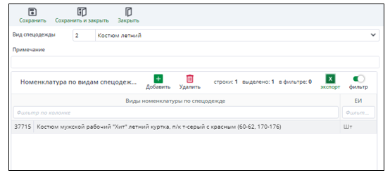 Рисунок 4  Справочник "Виды спецодежды с номенклатурой"