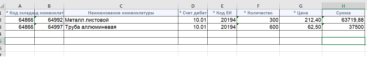 Рисунок 1.2. Пример заполнения таблицы Эксель