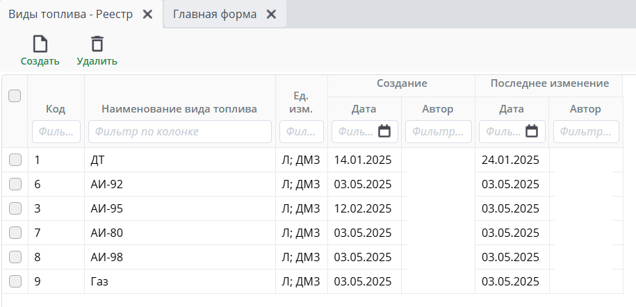 Рисунок 6 Реестр документа «Виды топлива»
