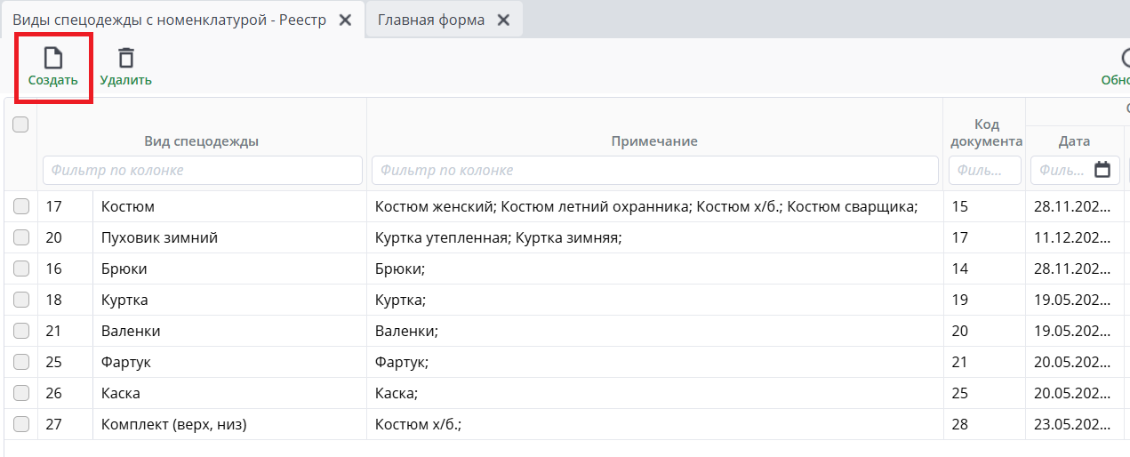 Рисунок 4 Справочник "Виды спецодежды с номенклатурой"