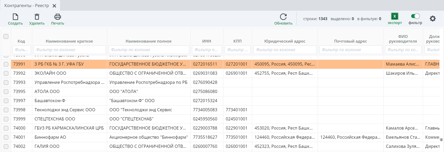 Рисунок 2 Пример реестра контрагентов