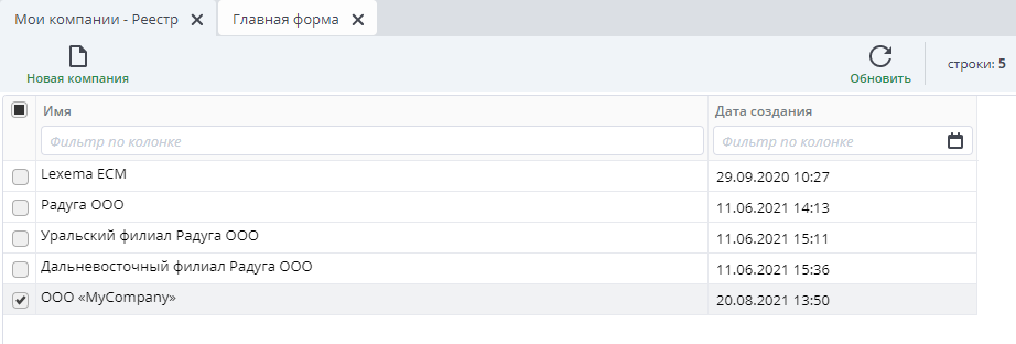 Рисунок 7 Пример реестра компаний после создания компании