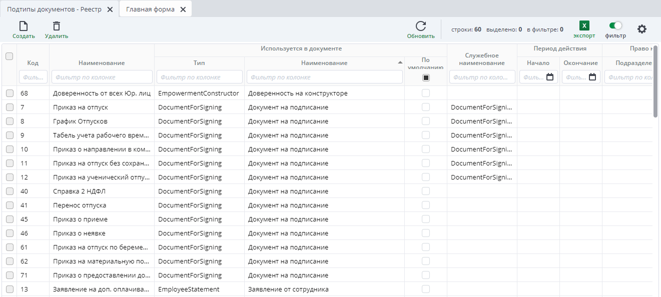 Рисунок 8 Реестр "Подтип документа"