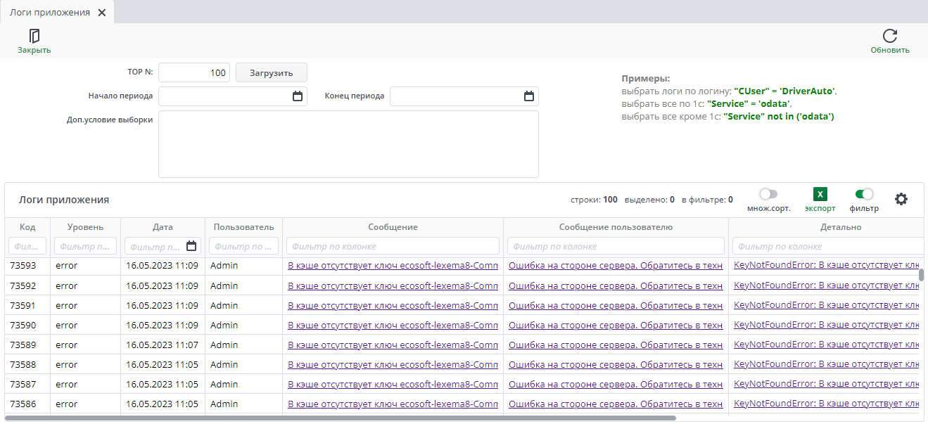 Форма после загрузки строк в таблицу