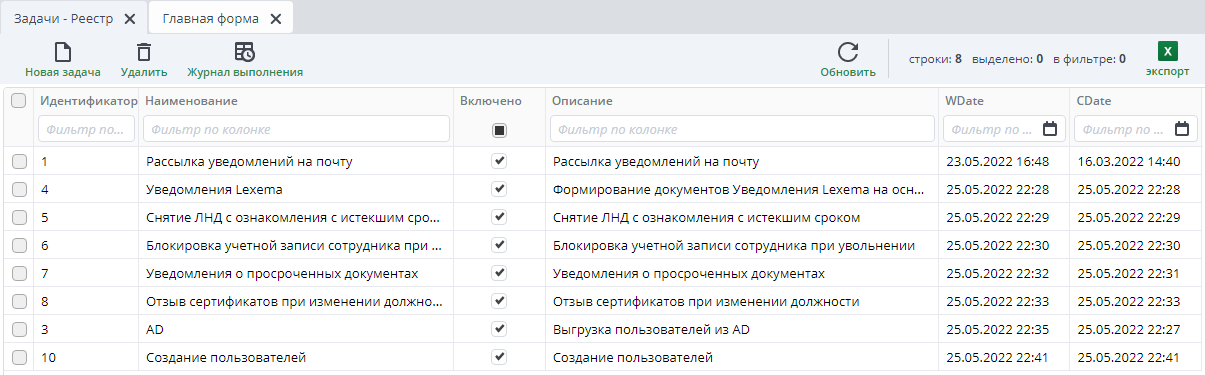 Реестр задач
