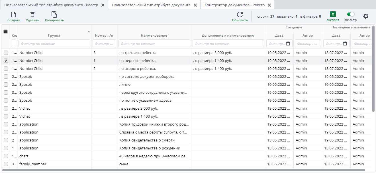 Рисунок 2 Пример реестра "Пользовательские типы атрибутов документа"