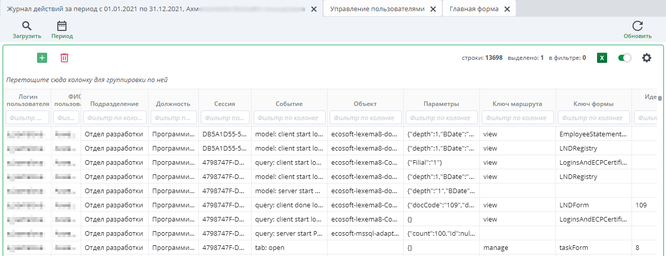 Рисунок 18 Просмотр данных о действиях пользователя в системе