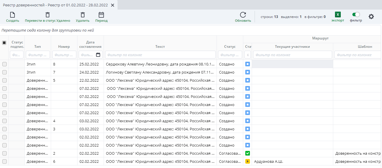 Рисунок 2 Реестр документов "Доверенности на конструкторе