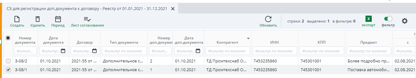 Рисунок 5 Реестр документов "СЗ для регистрации доп.документа к договору