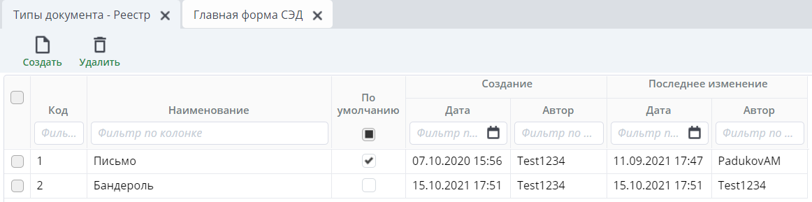 Рисунок 2 Реестр "Типы документа"