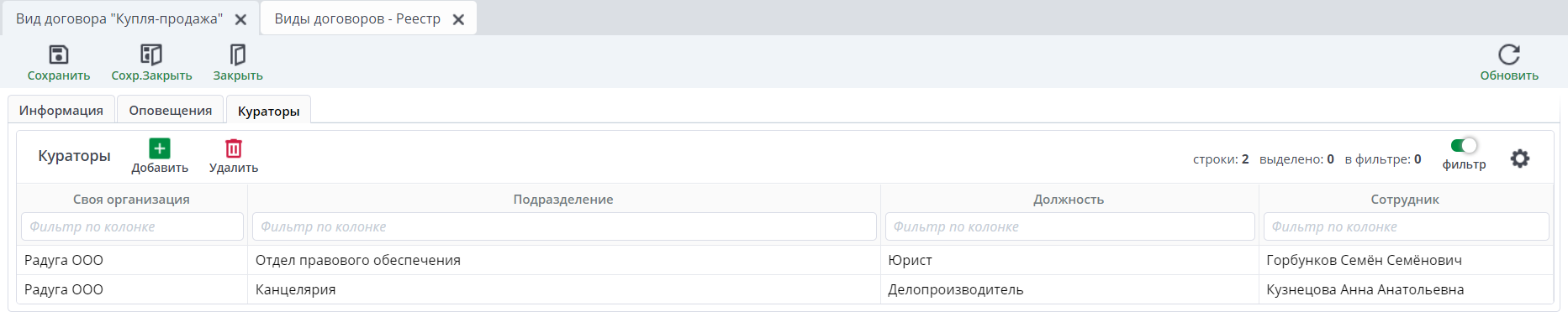 Рисунок 5 Пример вкладки "Кураторы"