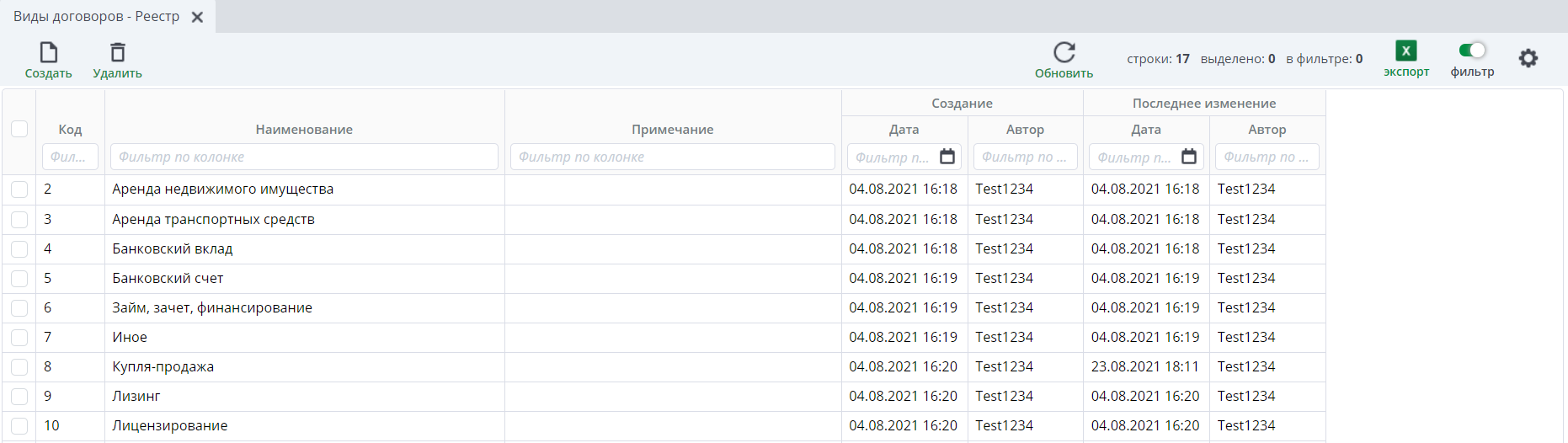 Рисунок 2 Реестр "Виды договоров"
