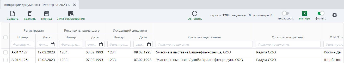 Рисунок 2 Реестр входящих документов. Создание нового документа