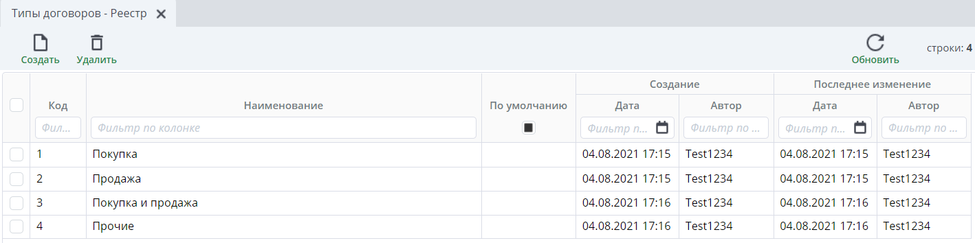 Рисунок 2 Реестр "Типы договоров"