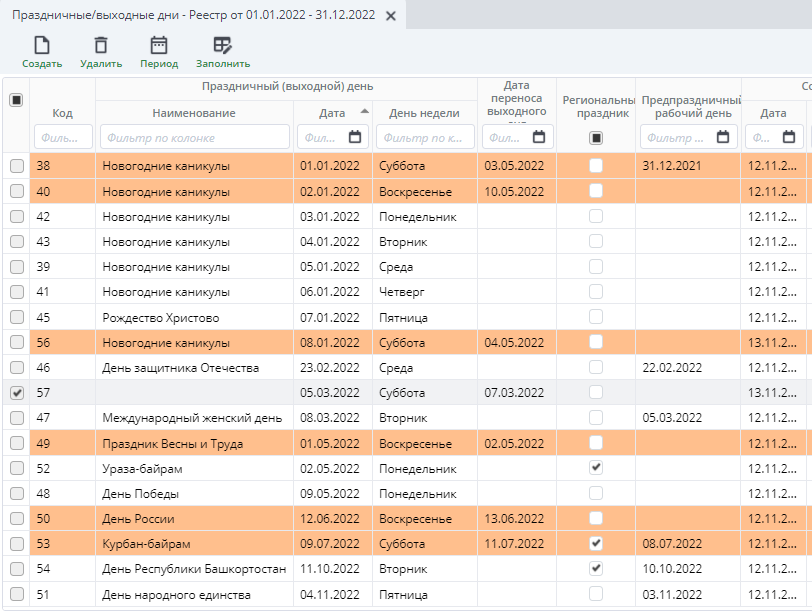 Реестр документов "Праздничные/выходные дни" за 2022 год