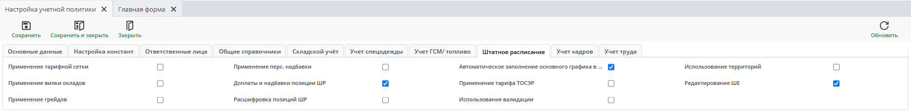 Вкладка Штатное расписание